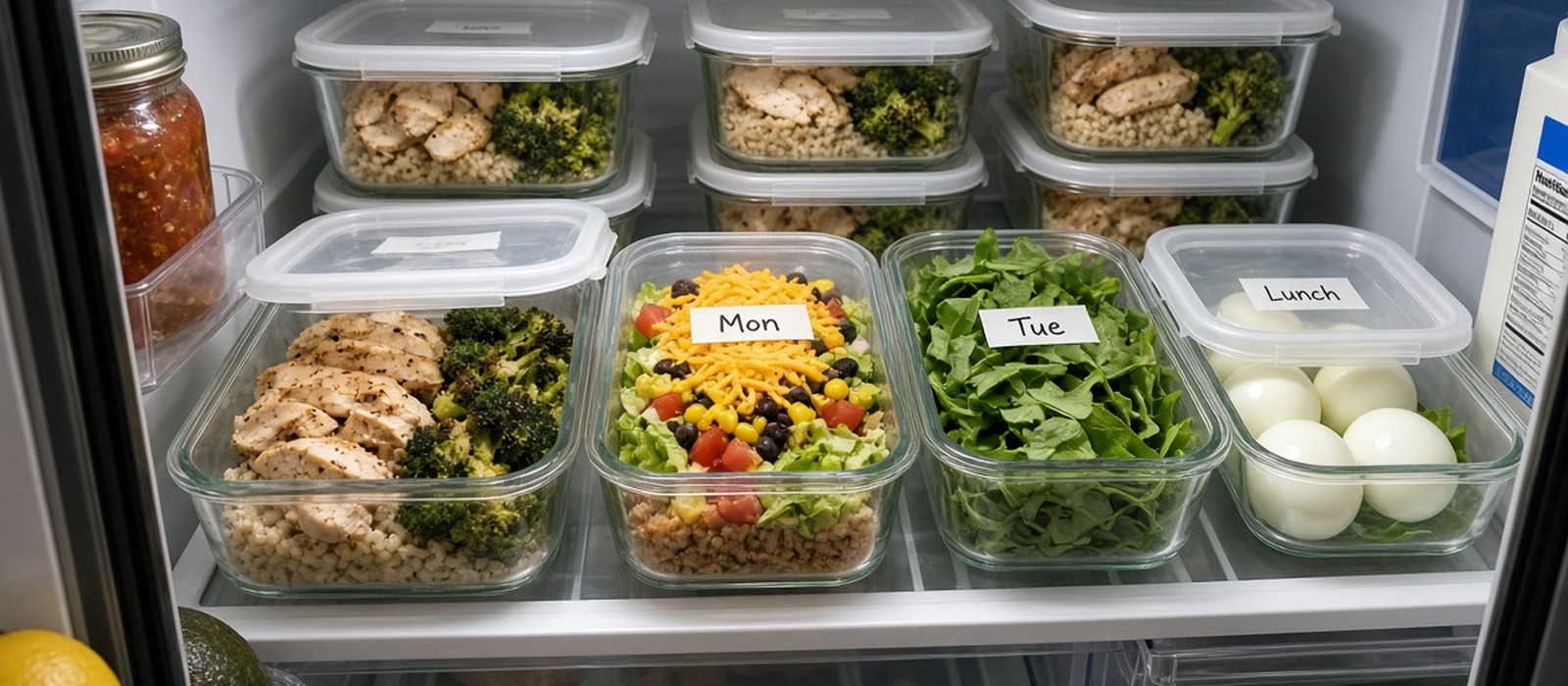 Labeled meal-prep containers in the fridge