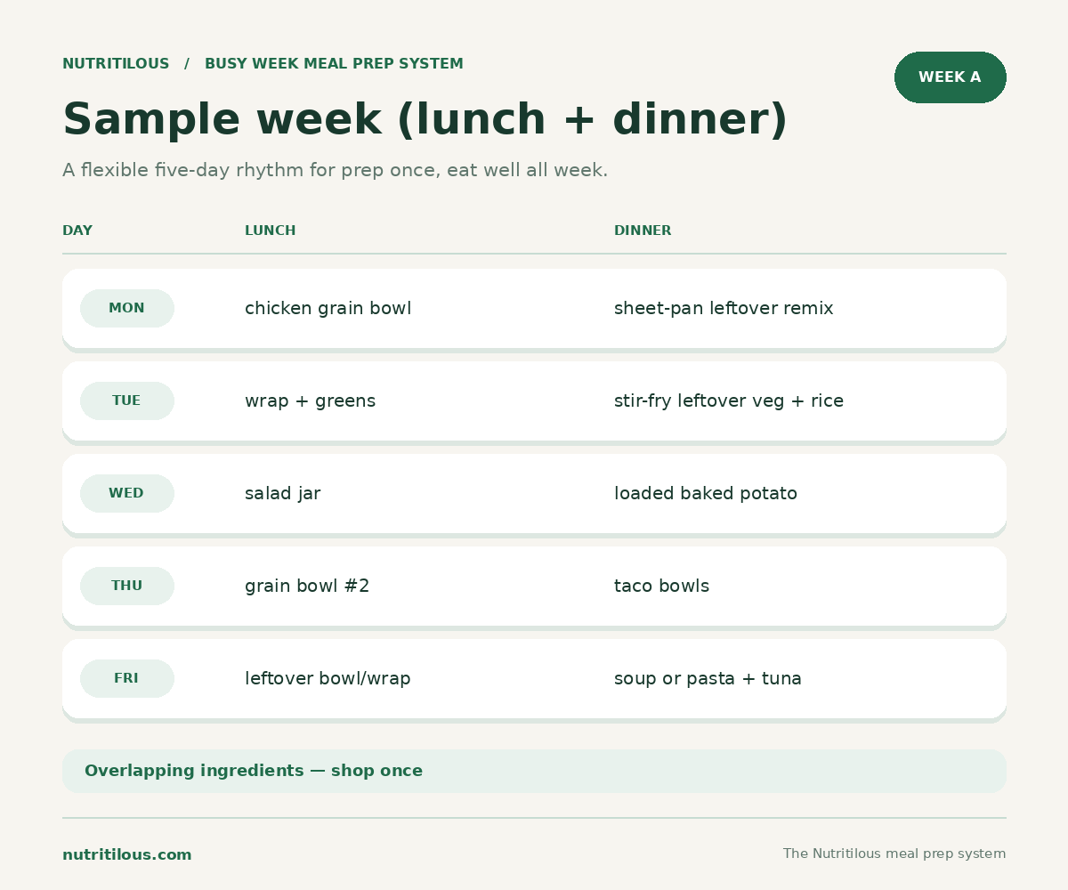 Sample week table with Monday through Friday lunch and dinner